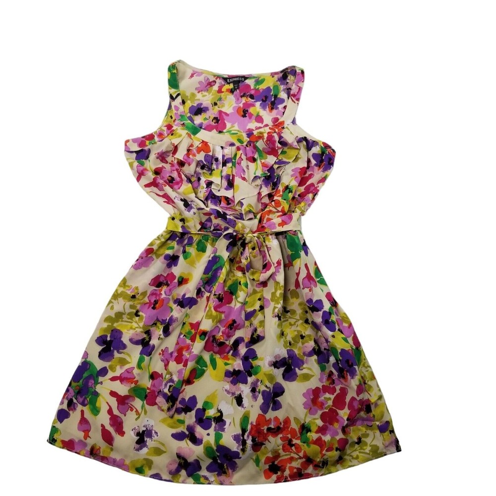 Express Dress Floral Knee Length Belted Sundress Womens Sz M  Ruffle Bib Pockets - Picture 9 of 16